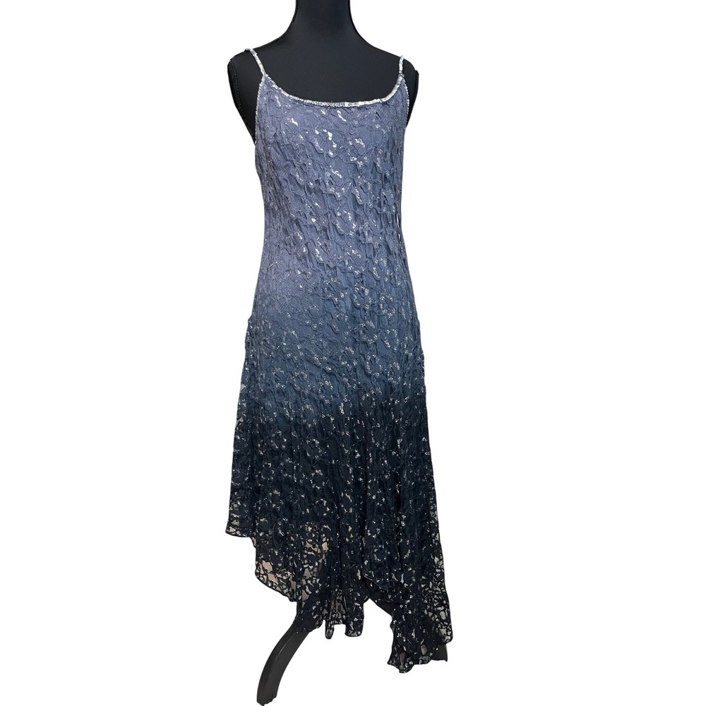 Vintage 90s Majick Blue Ombre Lace Metallic Handkerchief Hem Midi Dress Size M